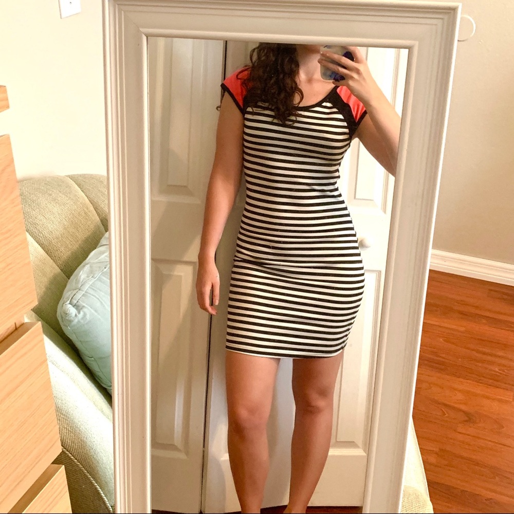 Bodycon black & white stripe dress w/ pink sleeves